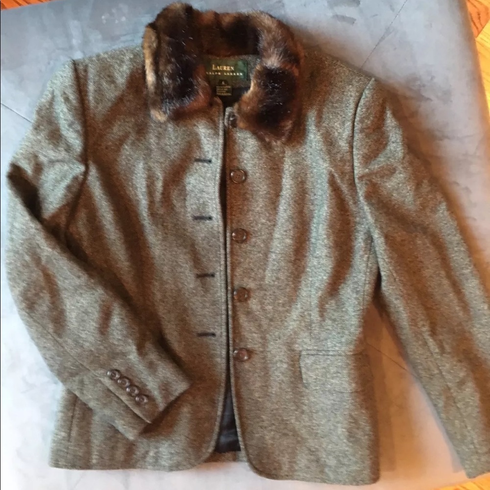 Lauren Ralph Lauren Olive Green Wool Blazer with Faux Fur Collar